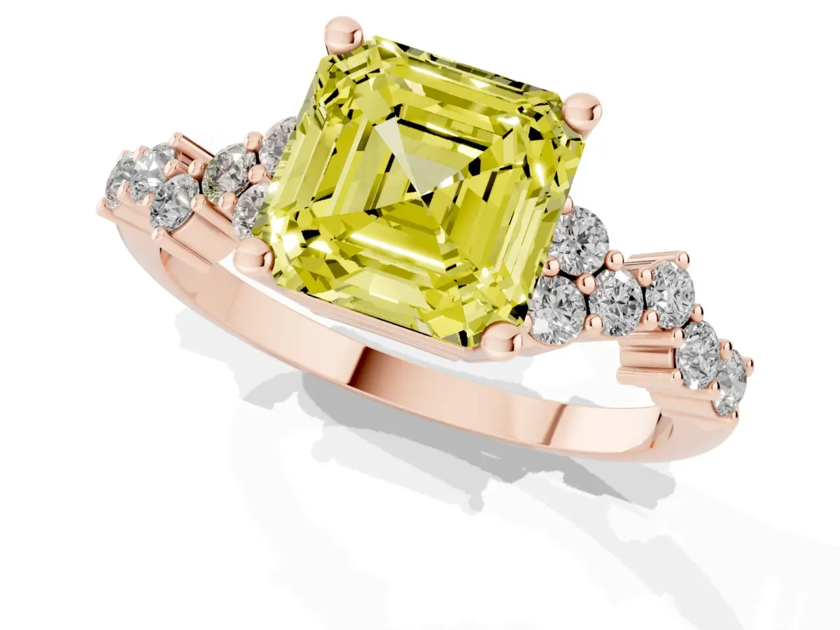 Fancy Yellow Asscher Cut Diamond Scattered Round Accent Ring with Prong Setting Rose gold