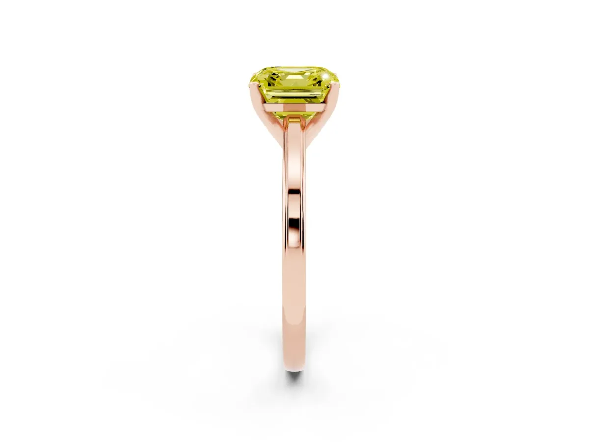 Fancy Yellow Asscher Cut Solitaire Diamond Ring with Four-Prong Setting and Classic Band Rose gold