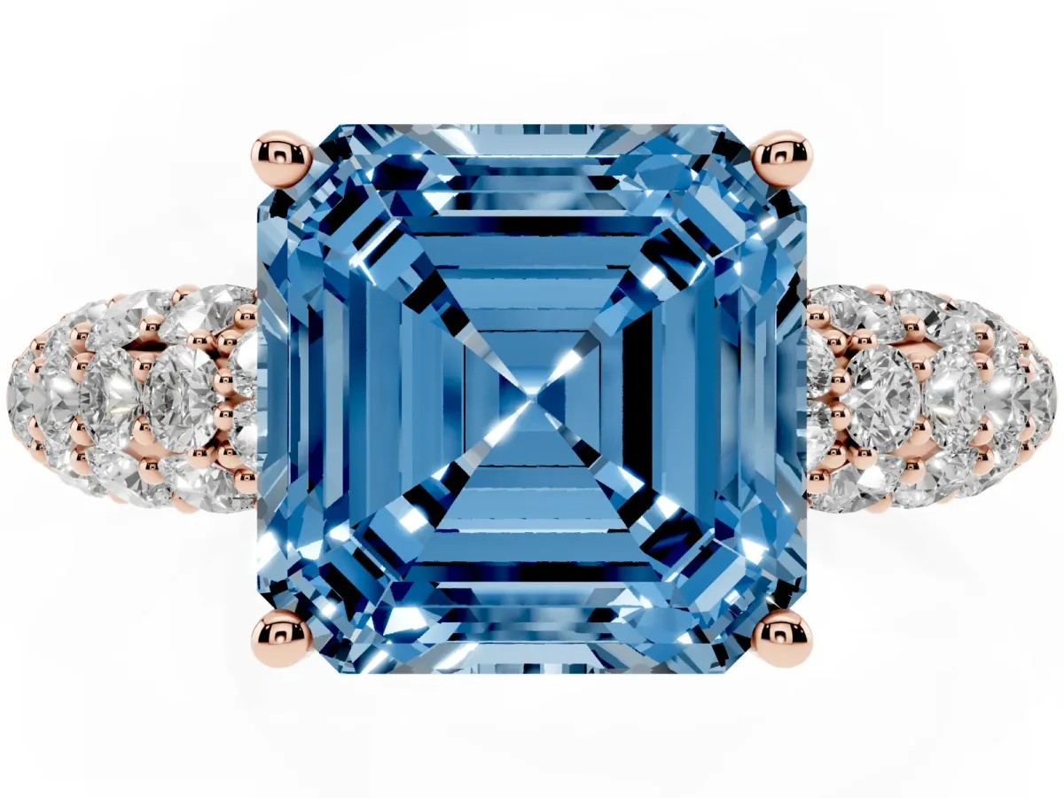 Fancy Blue Asscher Cut Diamond Pavé Band Solitaire Ring with Four-Prong Setting Rose gold