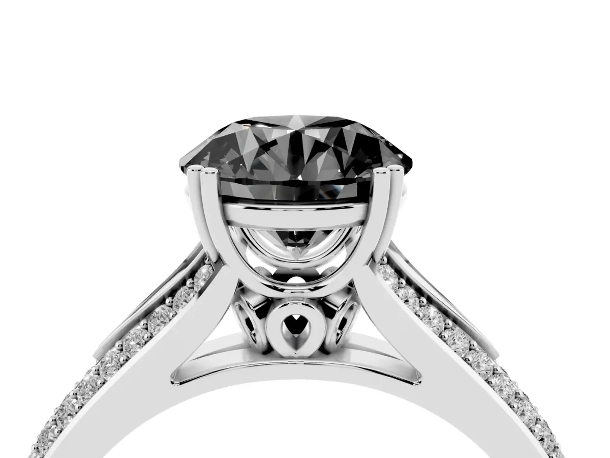 Fancy Black Round Cut Diamond Split Shank Engagement Ring with Pavé Band Silver