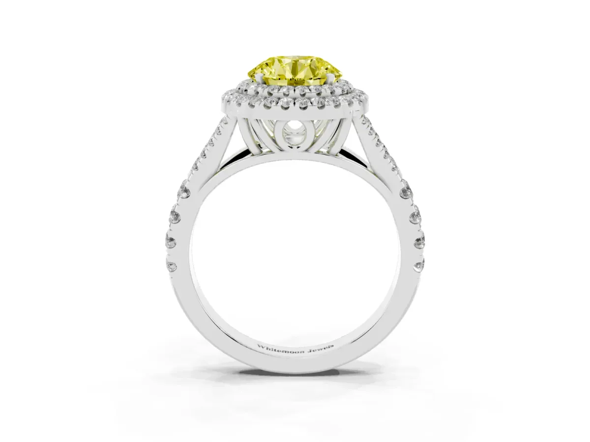 Fancy Yellow Round Cut Diamond Double Halo Ring with Split Shank and Prong Setting Platinum