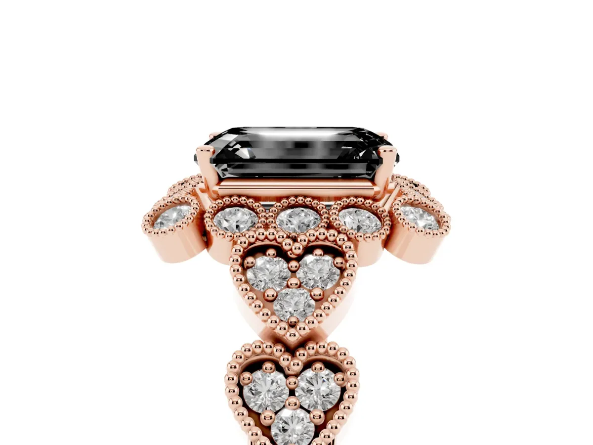 Fancy Black Emerald Cut Brilliant Milgrain Pave Heart Band Solitaire Ring Rose gold