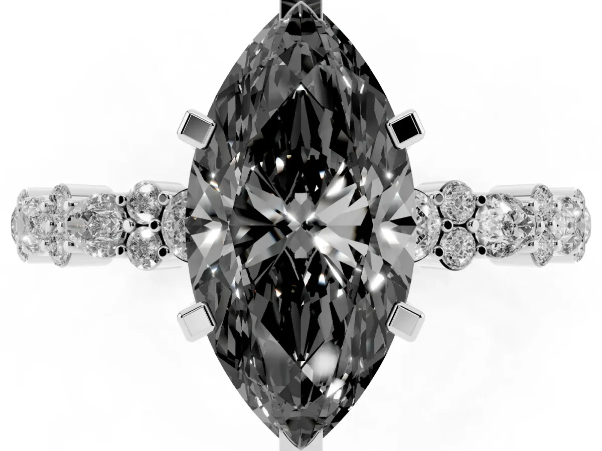 Fancy Black Marquise Cut Diamond Side Stone Solitaire Ring with Round and Four-Prong Setting Silver