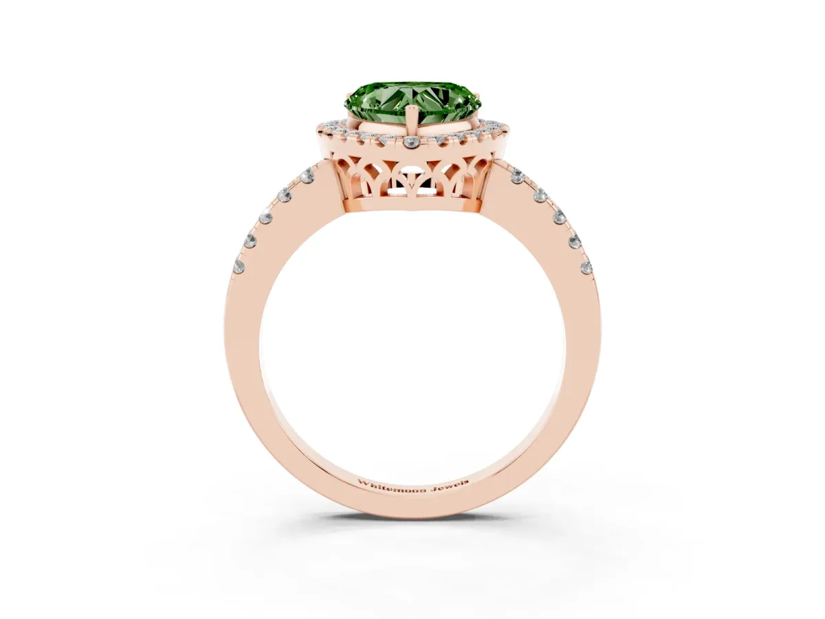 Fancy Green Heart Cut Halo Diamond Engagement Ring with Pavé Band and Four-Prong Setting Rose gold
