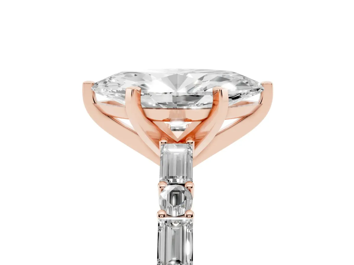 Marquise Cut Diamond Solitaire with Side Baguettes and Channel Set Band Rose gold