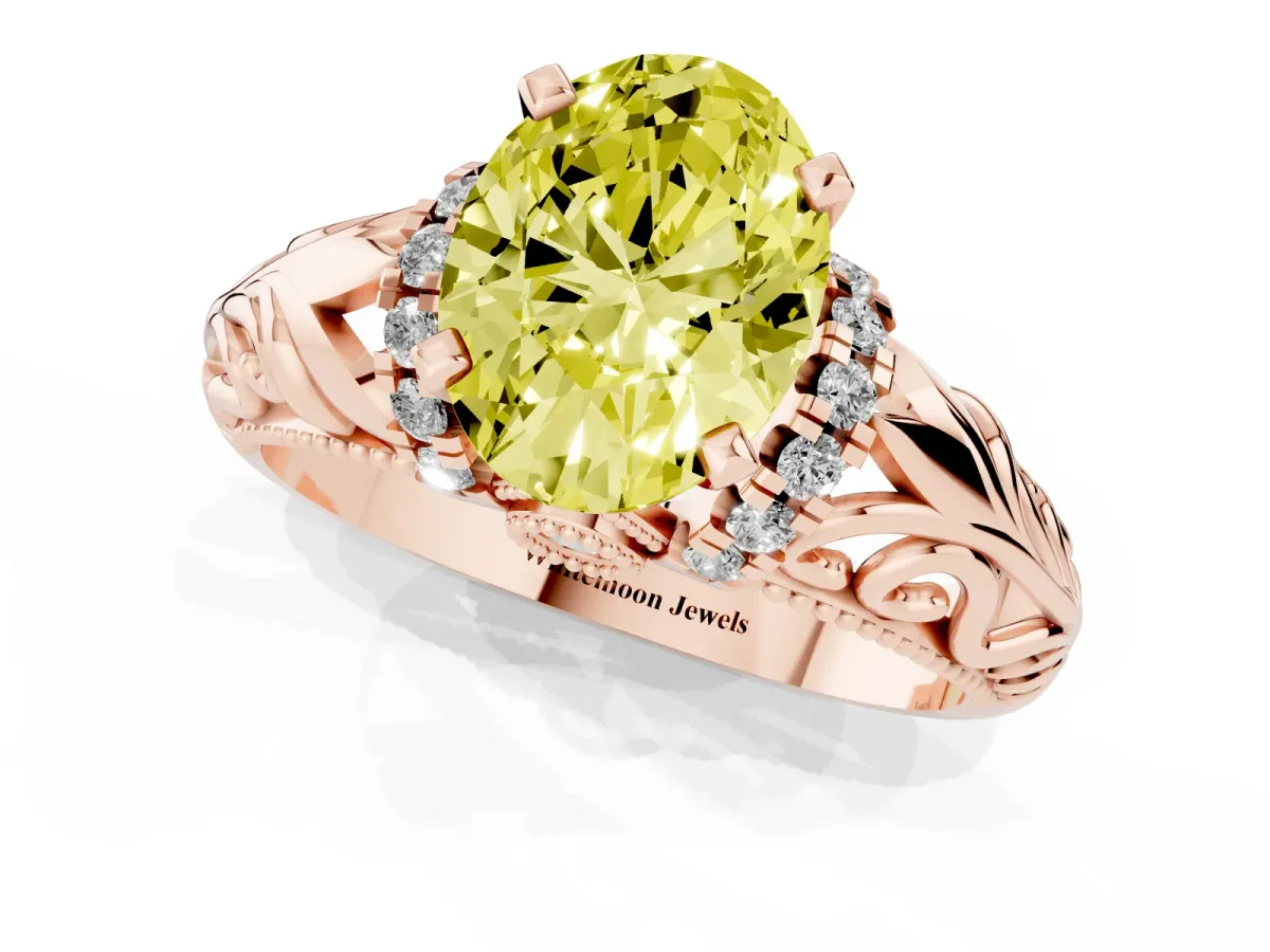 Fancy Yellow Oval Cut Solitaire Filigree Engagement Ring with Halo and Prong Setting Rose gold