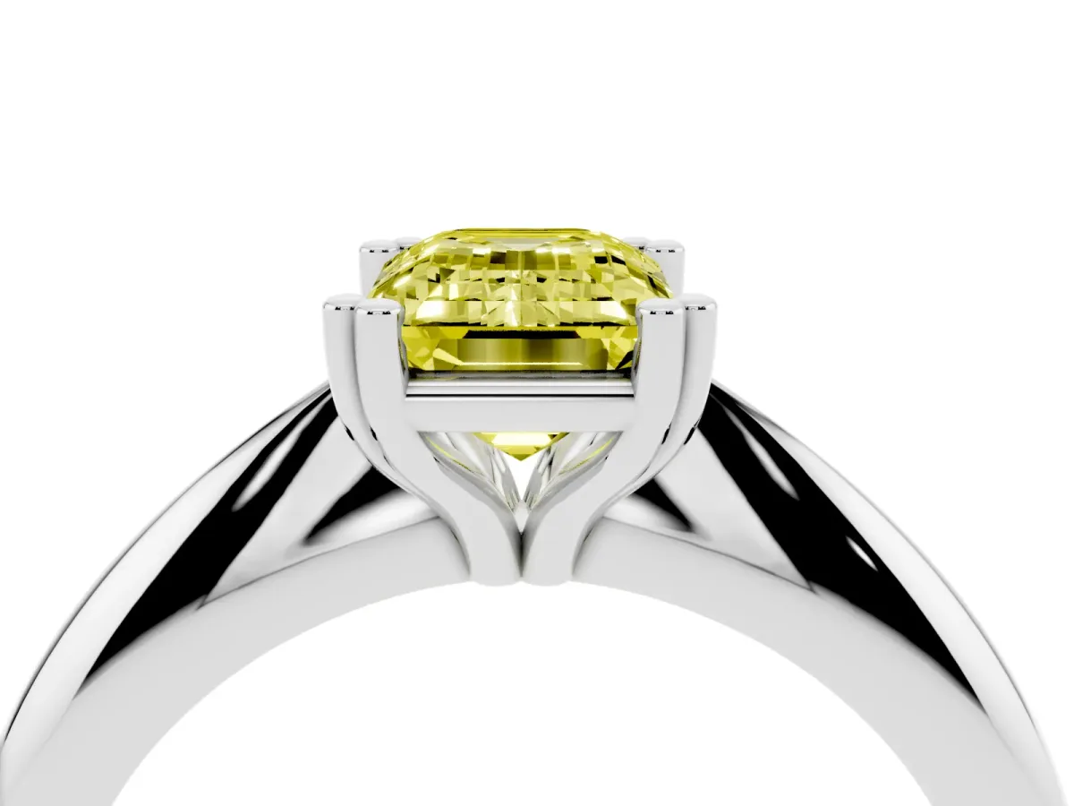 Fancy Yellow Emerald Cut Cut Solitaire Engagement Ring with Tapered Band and Four-Prong Setting Silver
