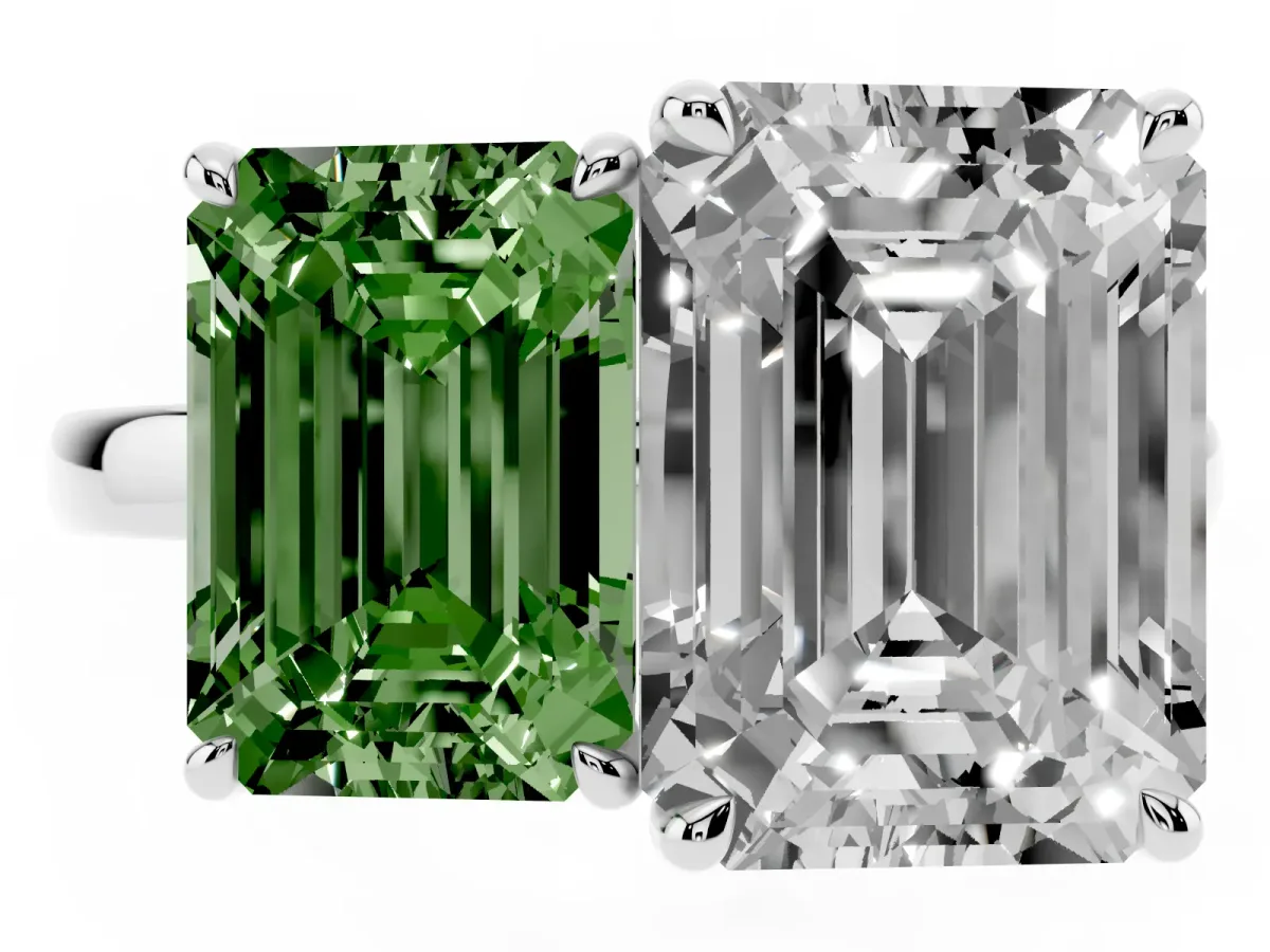 Fancy Green Emerald Cut and Emerald Cut Toi Moi Ring with Prong Setting Platinum