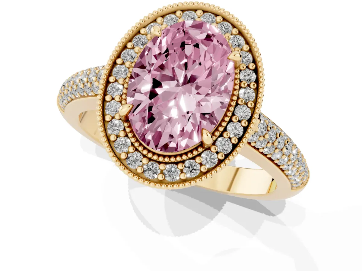 Fancy Pink Oval Cut Cut Halo Diamond Pave Band with Four-Prong Setting Yellow gold