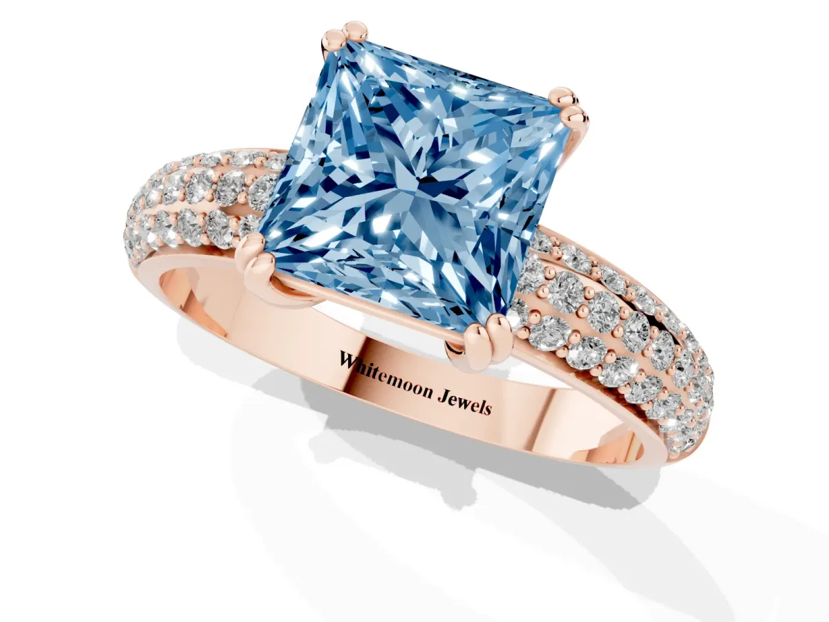 Fancy Blue Princess Cut Diamond Solitaire Ring with Multi-Row Round Pavé Band and Prong Setting Rose gold