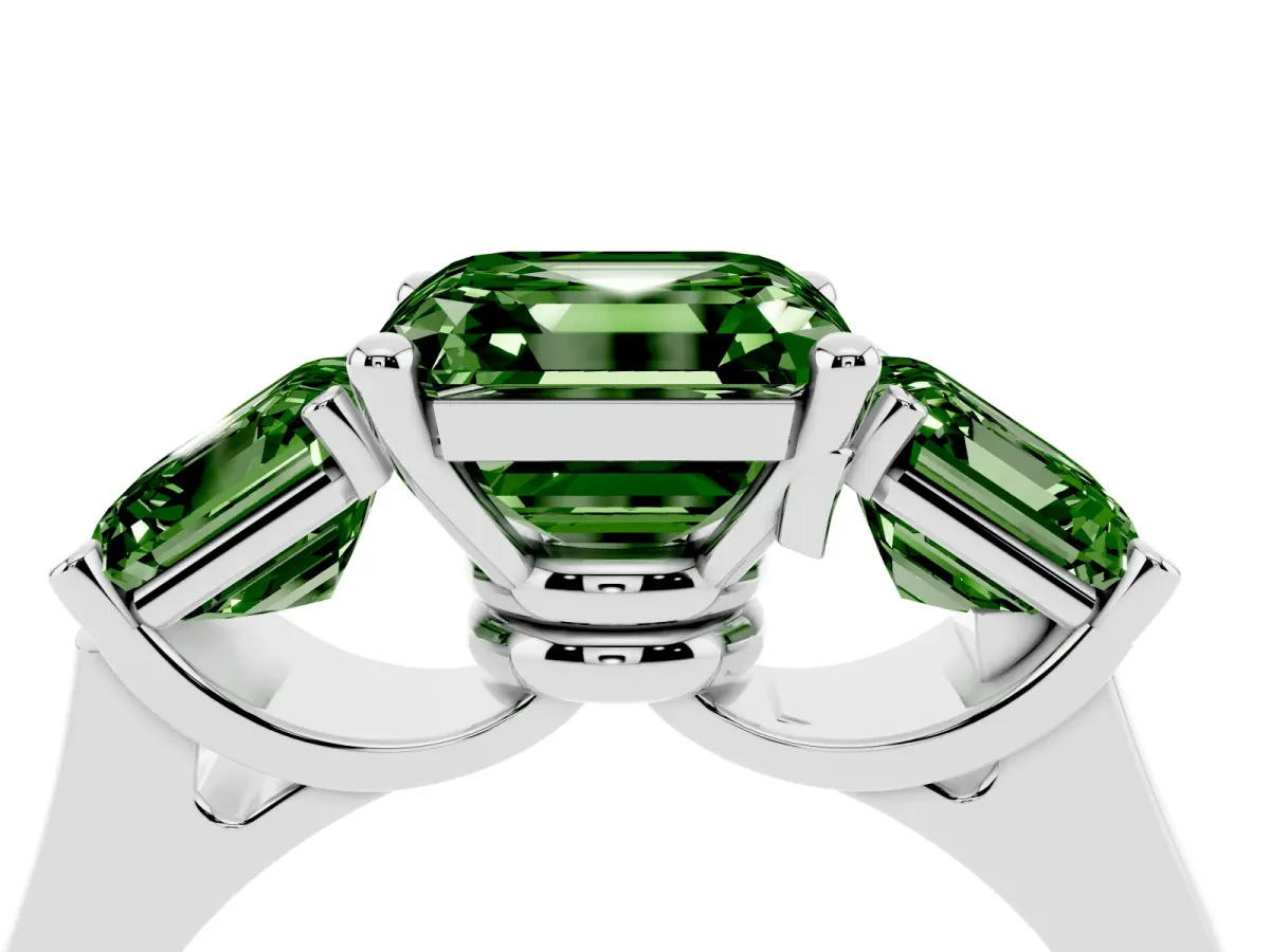 Fancy Green Three-Stone Asscher Cut Brilliant Diamond Trellis Ring with Comfort Fit Band Silver