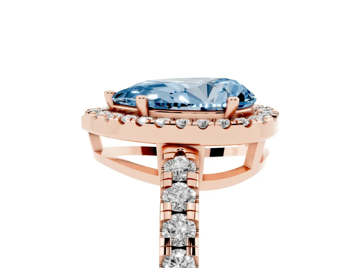 Fancy Blue Pear Cut Diamond Halo Ring with Pavé Band and Four-Prong Setting Rose gold