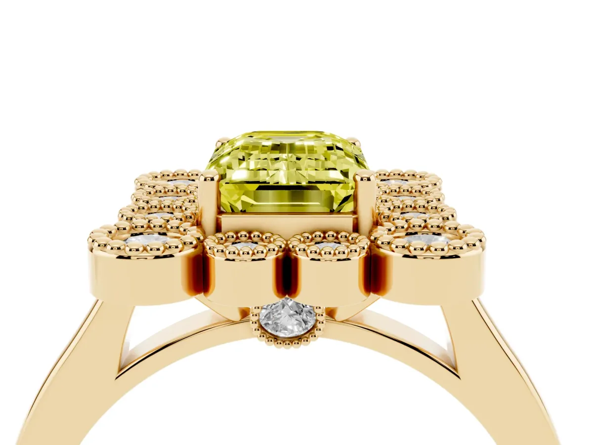 Fancy Yellow Emerald Cut Halo Diamond Cluster Engagement Ring with Milgrain Bezel Setting and Solitaire Band Yellow gold
