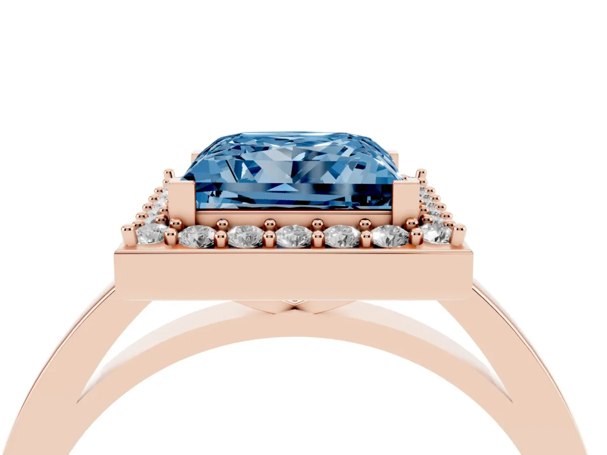 Fancy Blue Princess Cut Halo Diamond Ring with Solitaire Band and Prong Setting Rose gold