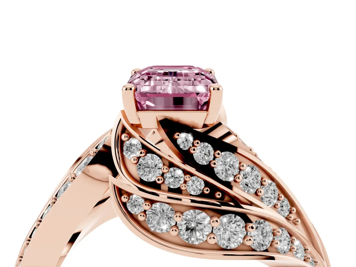 Fancy Pink Emerald Cut Diamond Solitaire Ring with Prong Setting and Twisted Pavé Band Rose gold