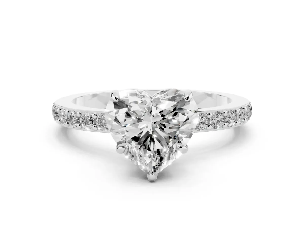 Heart Cut Diamond Pavé Engagement Ring with Round Accents and Prong Setting Silver