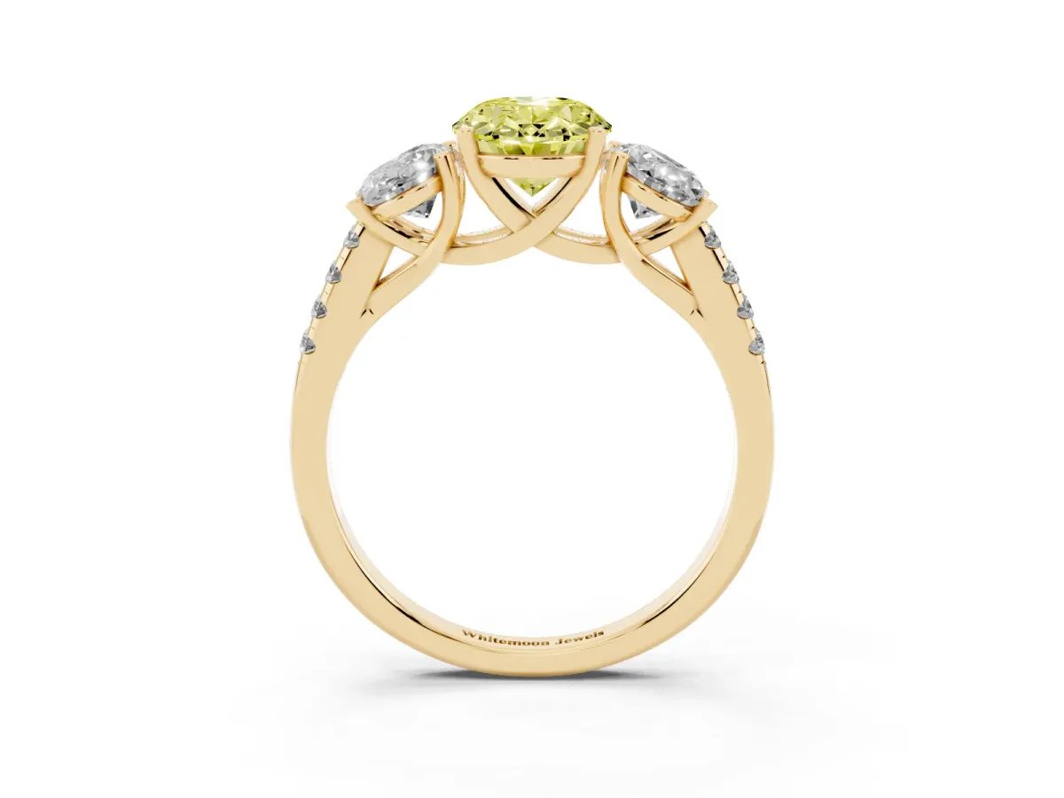 Fancy Yellow Three-Stone Oval Cut Diamond Ring with Round Pavé Band and Prong Setting Yellow gold