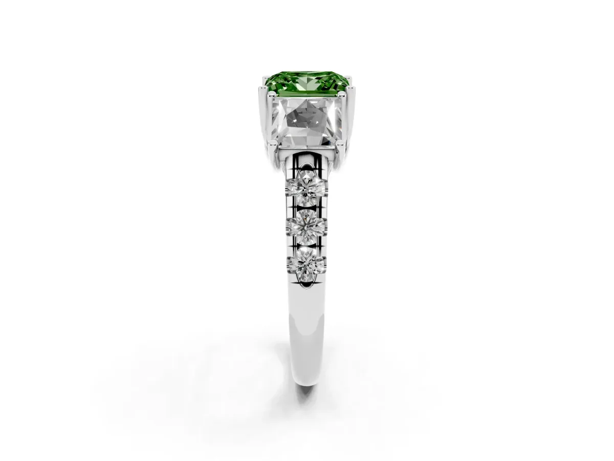 Fancy Green Three-Stone Princess Cut Diamond Pavé Band with Prong Setting Silver