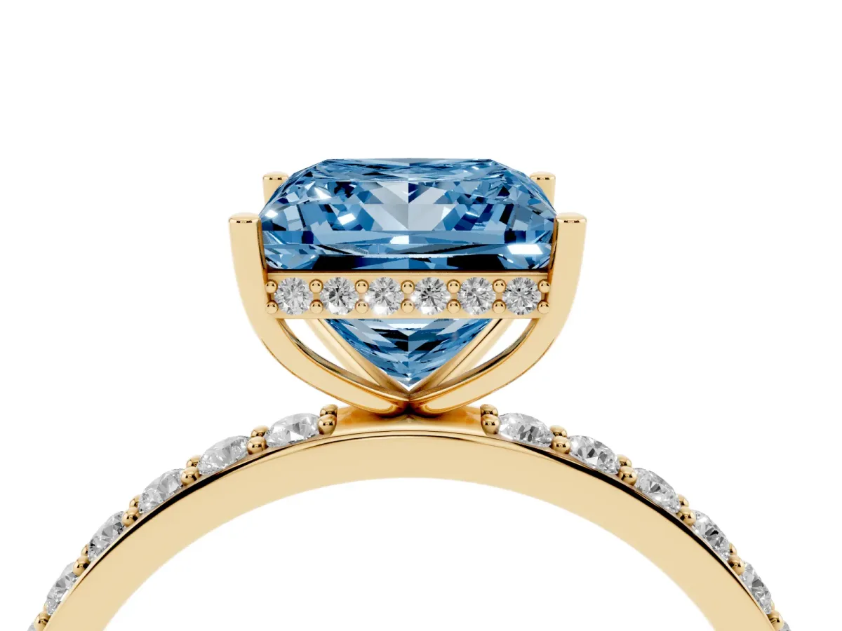 Fancy Blue Princess Cut Diamond Solitaire Ring with Pavé Band and Hidden Halo Yellow gold