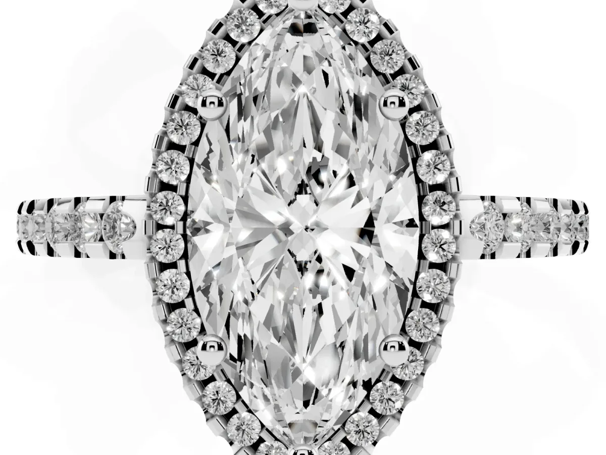 Marquise Cut Diamond Halo Engagement Ring with Pavé Band and Prong Setting Silver