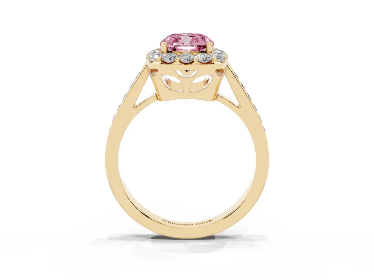 Fancy Pink Cushion Cut Diamond Floral Halo Ring with Pavé Band and Prong Setting Yellow gold