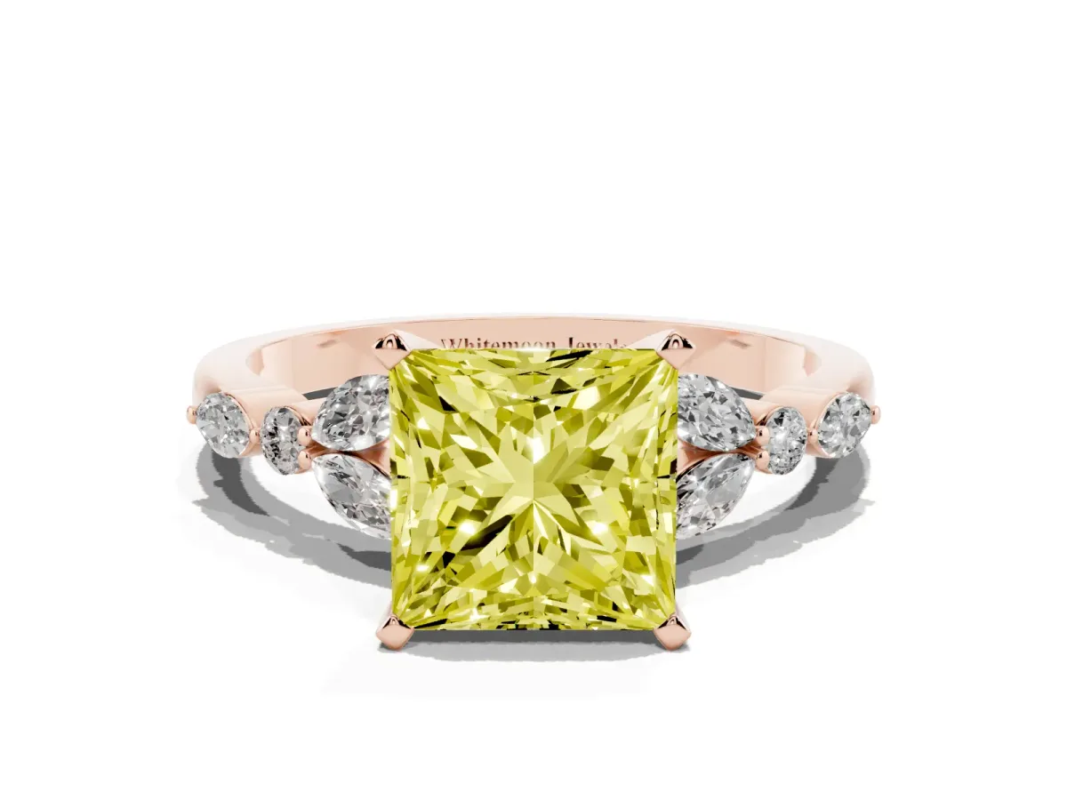 Fancy Yellow Princess Cut Diamond Solitaire Ring with Side Stones and Four-Prong Setting Rose gold