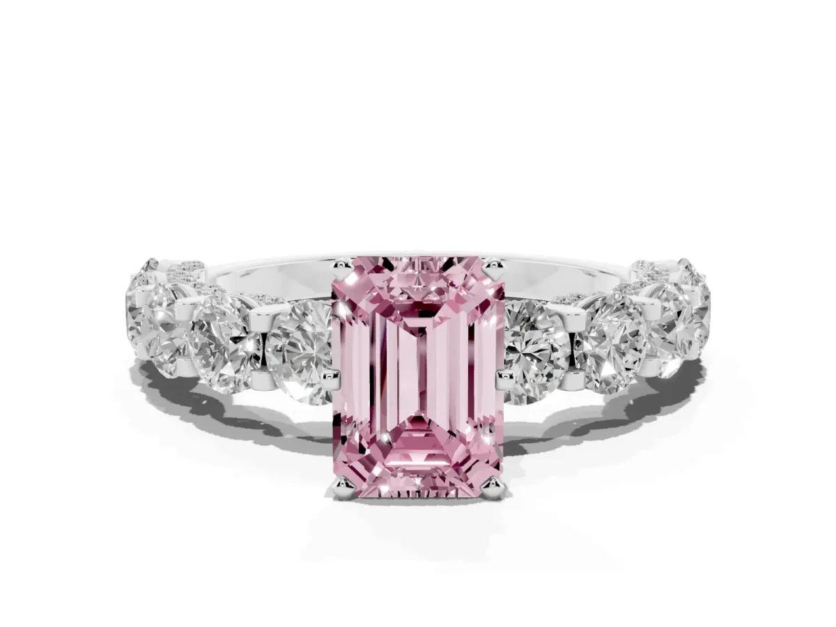 Fancy Pink Emerald Cut Diamond Side Stone Engagement Ring with Four-Prong Setting Platinum