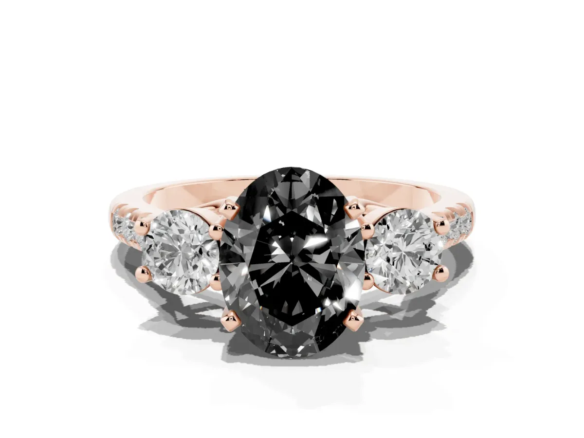 Fancy Black Three-Stone Oval Cut Diamond Pavé Band with Four-Prong Setting Rose gold
