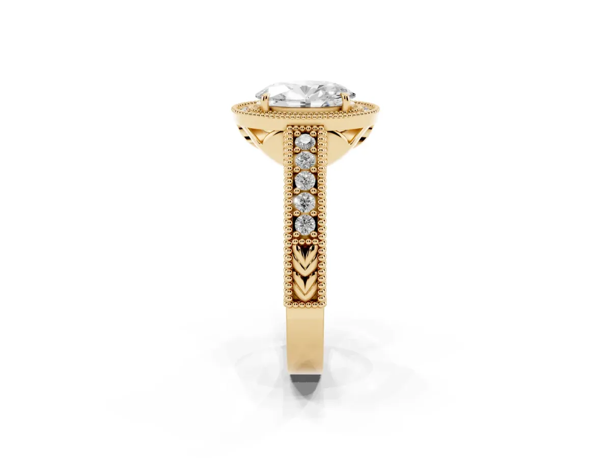 Oval Cut Cut Halo Diamond Ring with Pavé Band and Four-Prong Setting Yellow gold