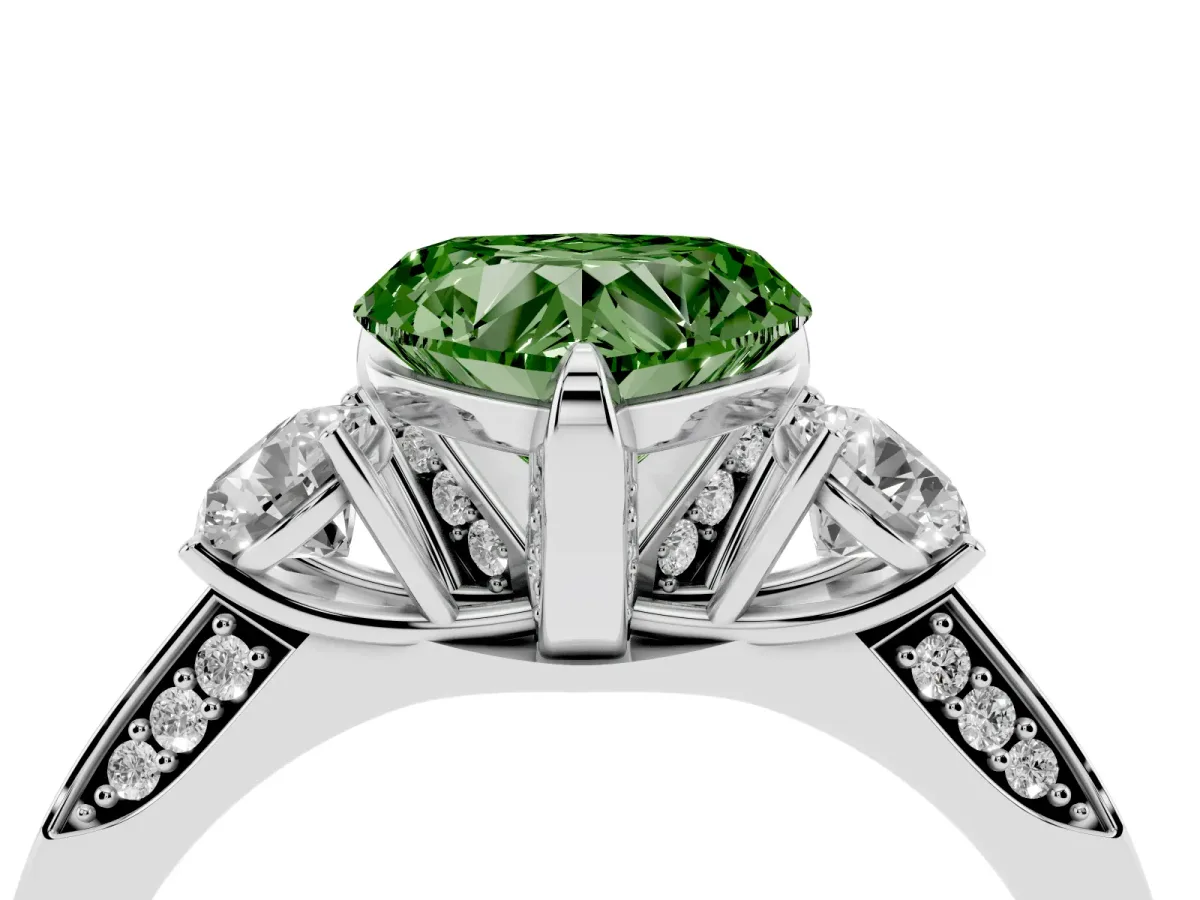 Fancy Green Heart Cut Brilliant Three-Stone Diamond Ring with Pavé Band and Four-Prong Setting Platinum