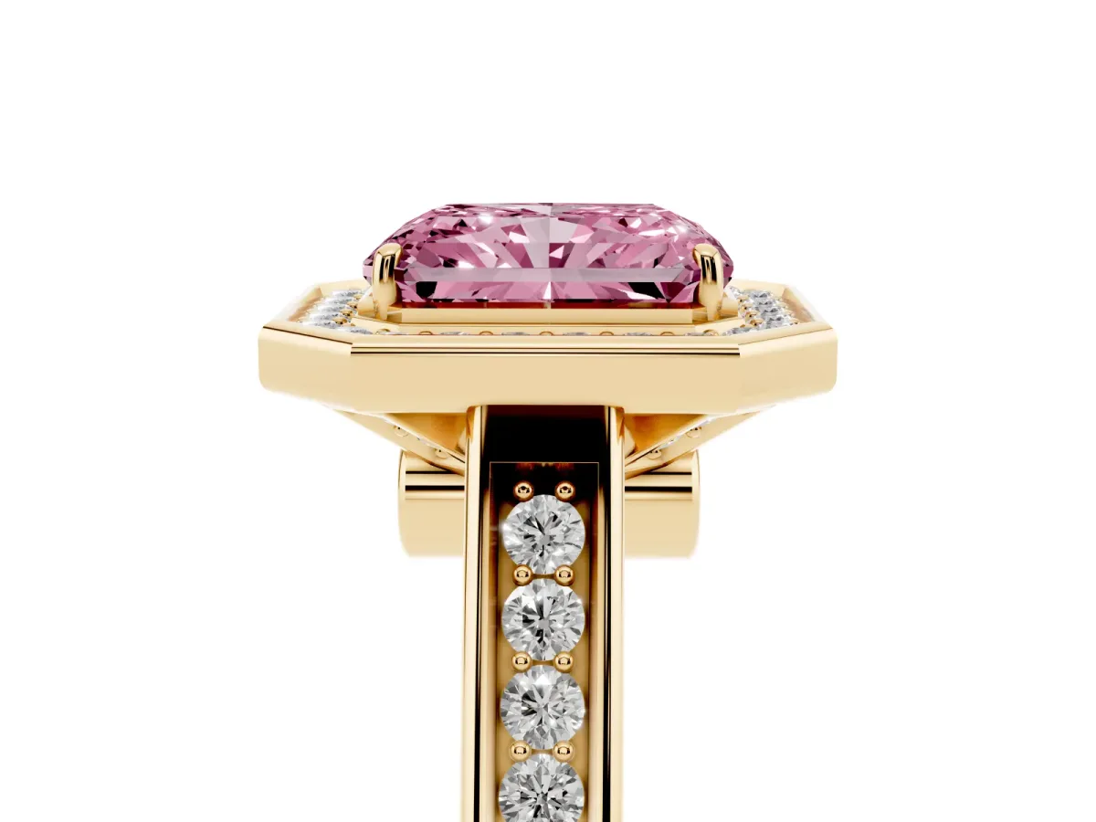 Fancy Pink Radiant Cut Halo Solitaire Diamond Ring with Pave Band and Bezel Setting Yellow gold