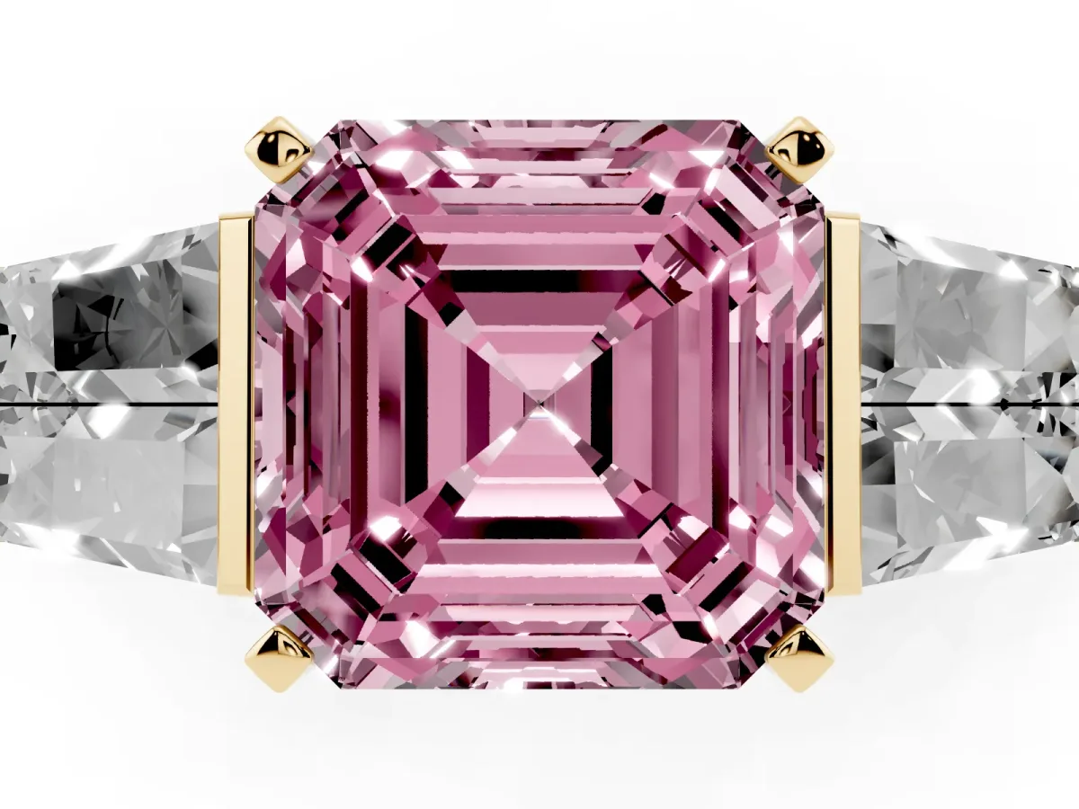 Fancy Pink Asscher Cut Diamond Engagement Ring with Baguette Side Stones and Channel Set Band Yellow gold