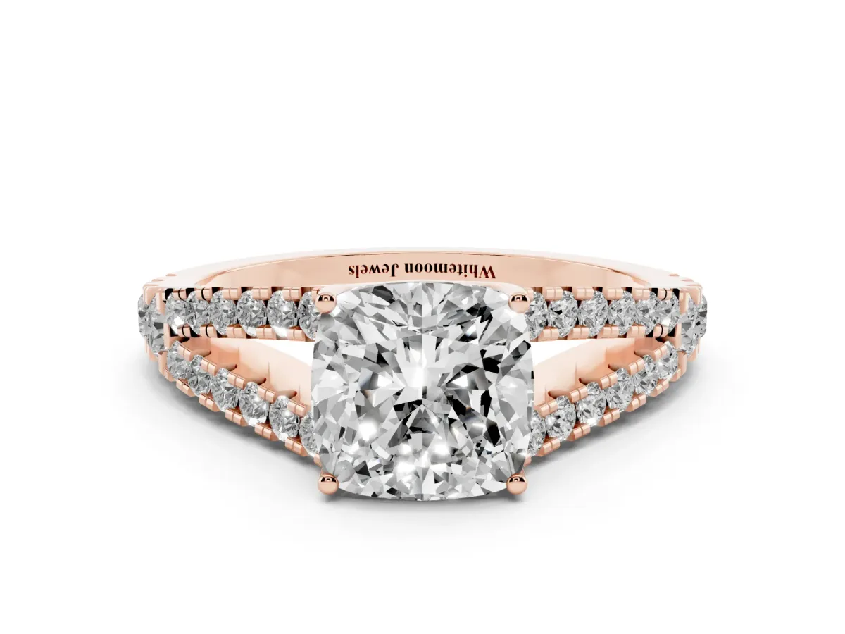 Cushion Cut Diamond Split Shank Pavé Engagement Ring with Four-Prong Setting Rose gold