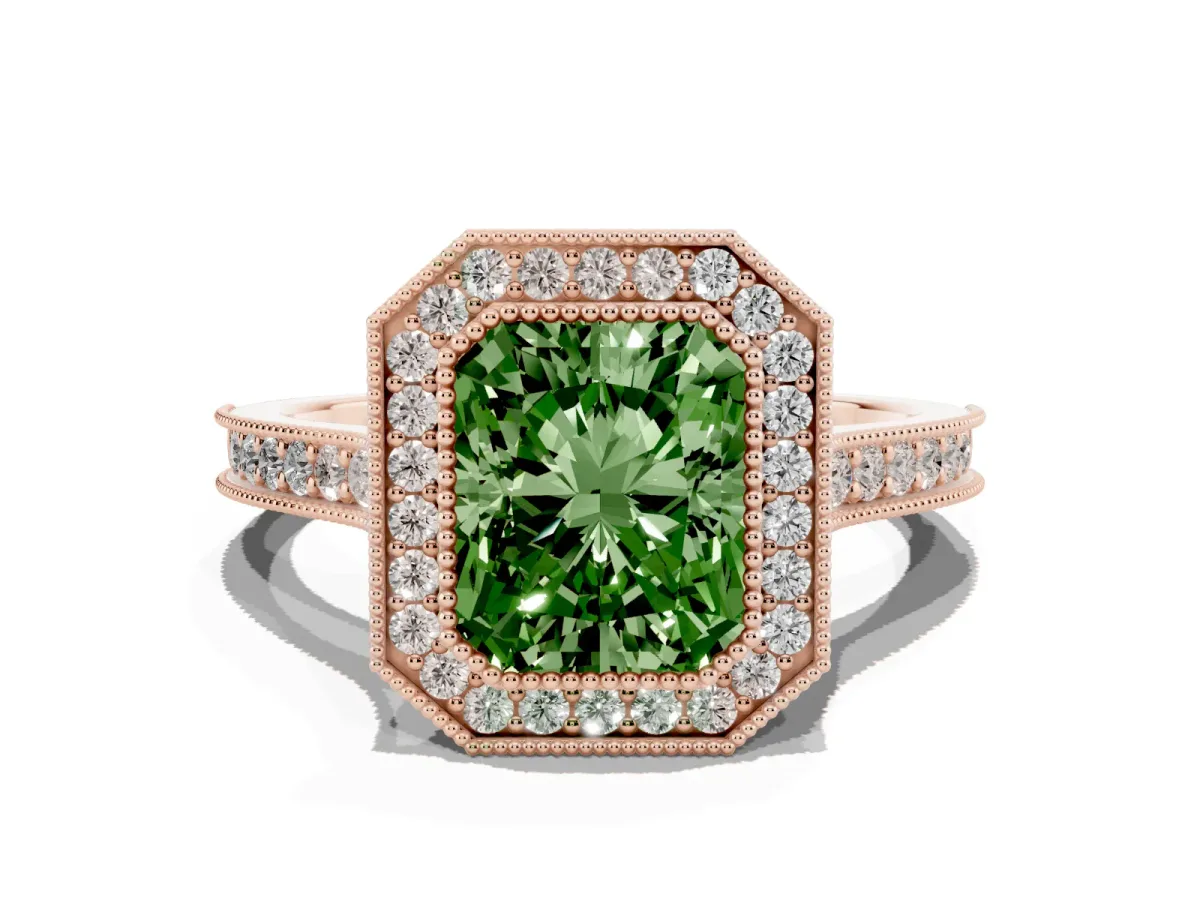 Fancy Green Halo Radiant Cut-Cut Diamond Pave Band Milgrain Prong Setting Ring Rose gold
