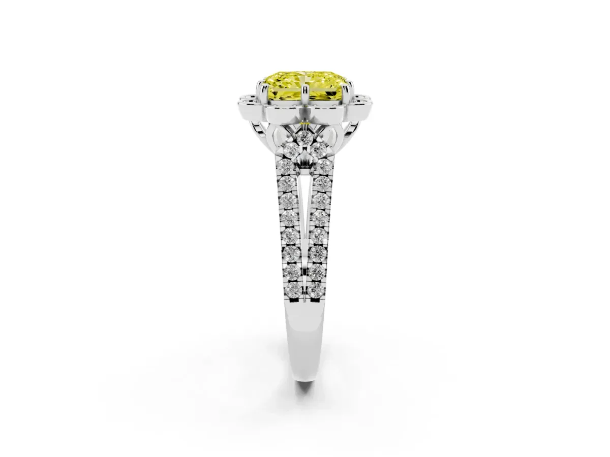 Fancy Yellow Radiant Cut Halo Diamond Floral Split Shank Engagement Ring Silver