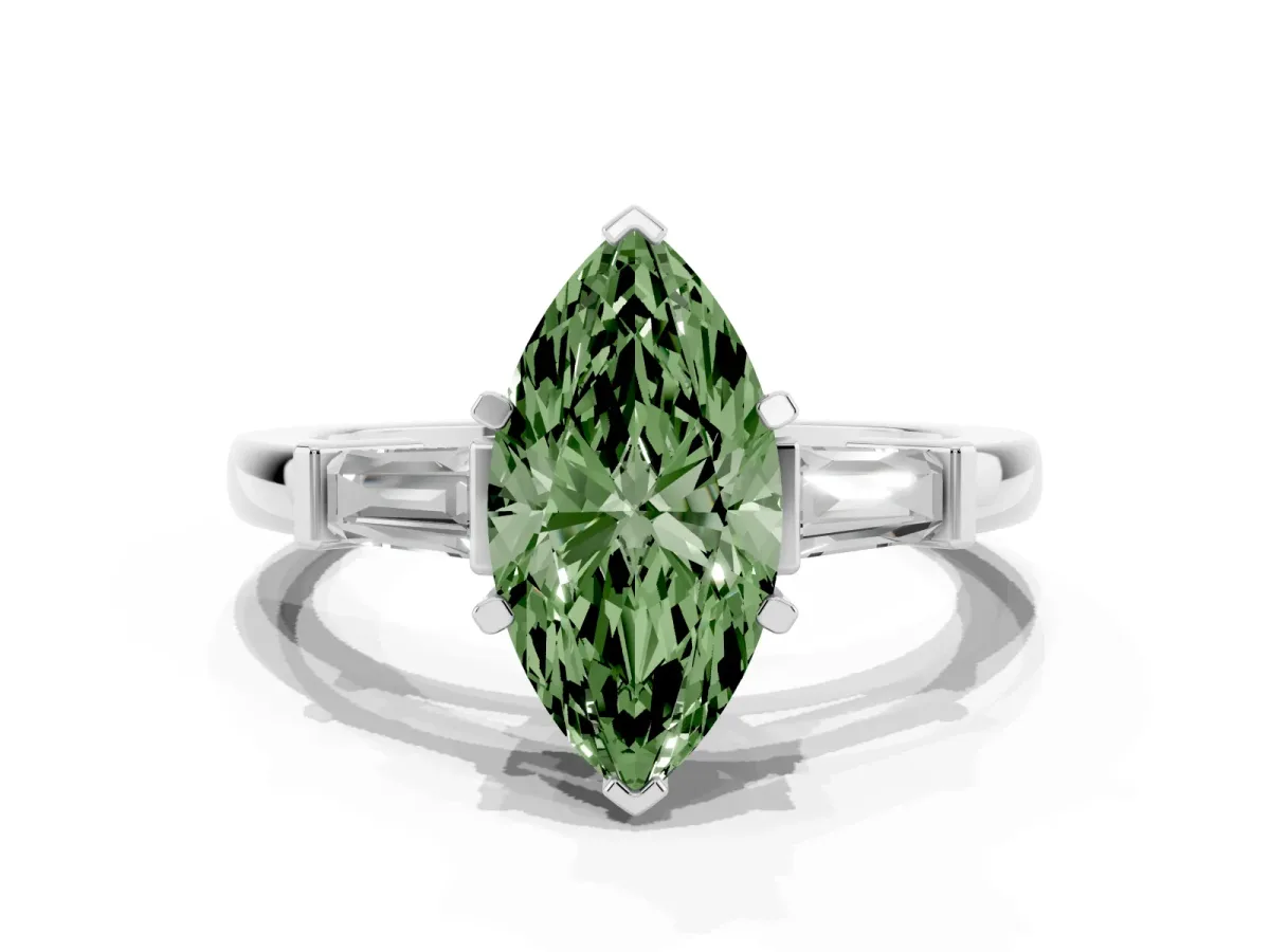 Fancy Green Marquise Cut Cut Diamond Solitaire Ring with Tapered Baguette Accents and Four-Prong Setting Silver