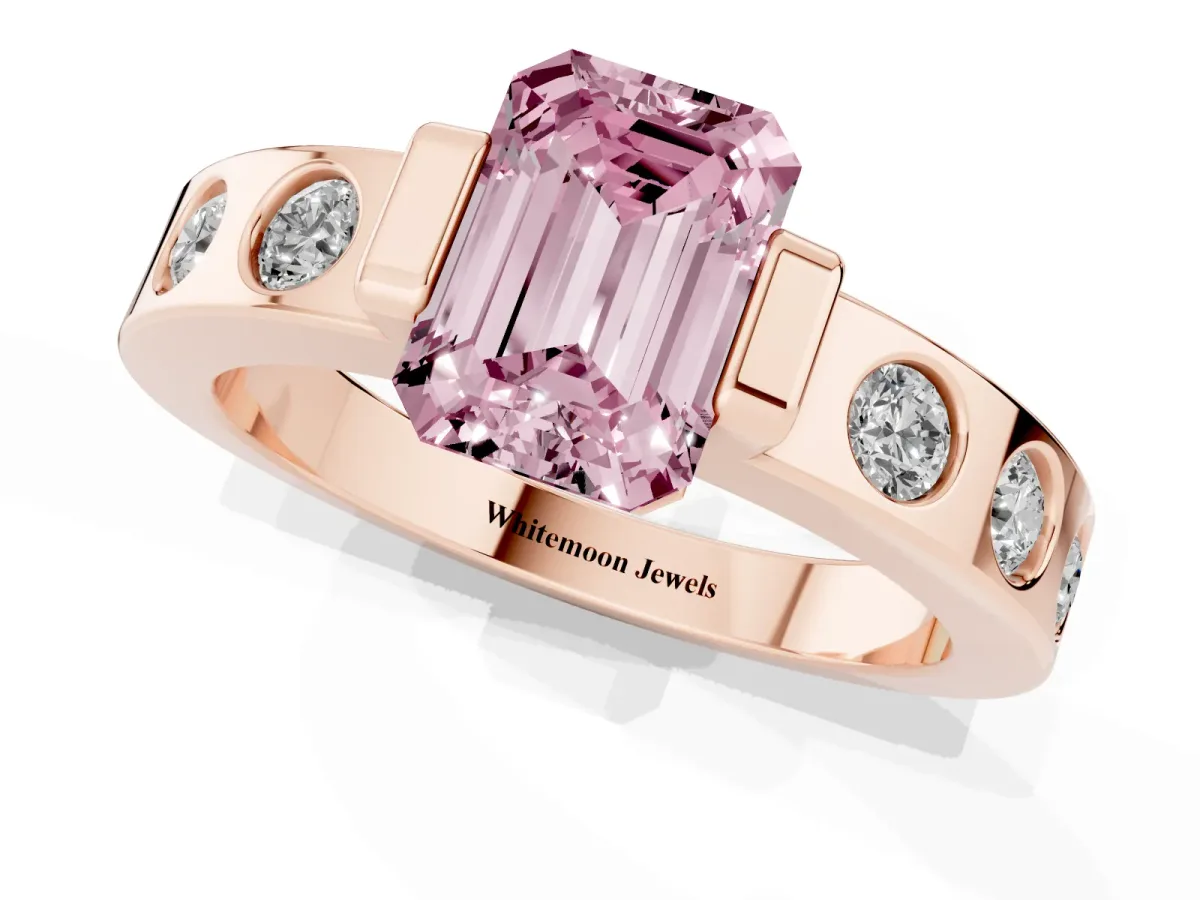 Fancy Pink Emerald Cut Brilliant Channel-Set Diamond Ring with Bezel Prong Setting Rose gold