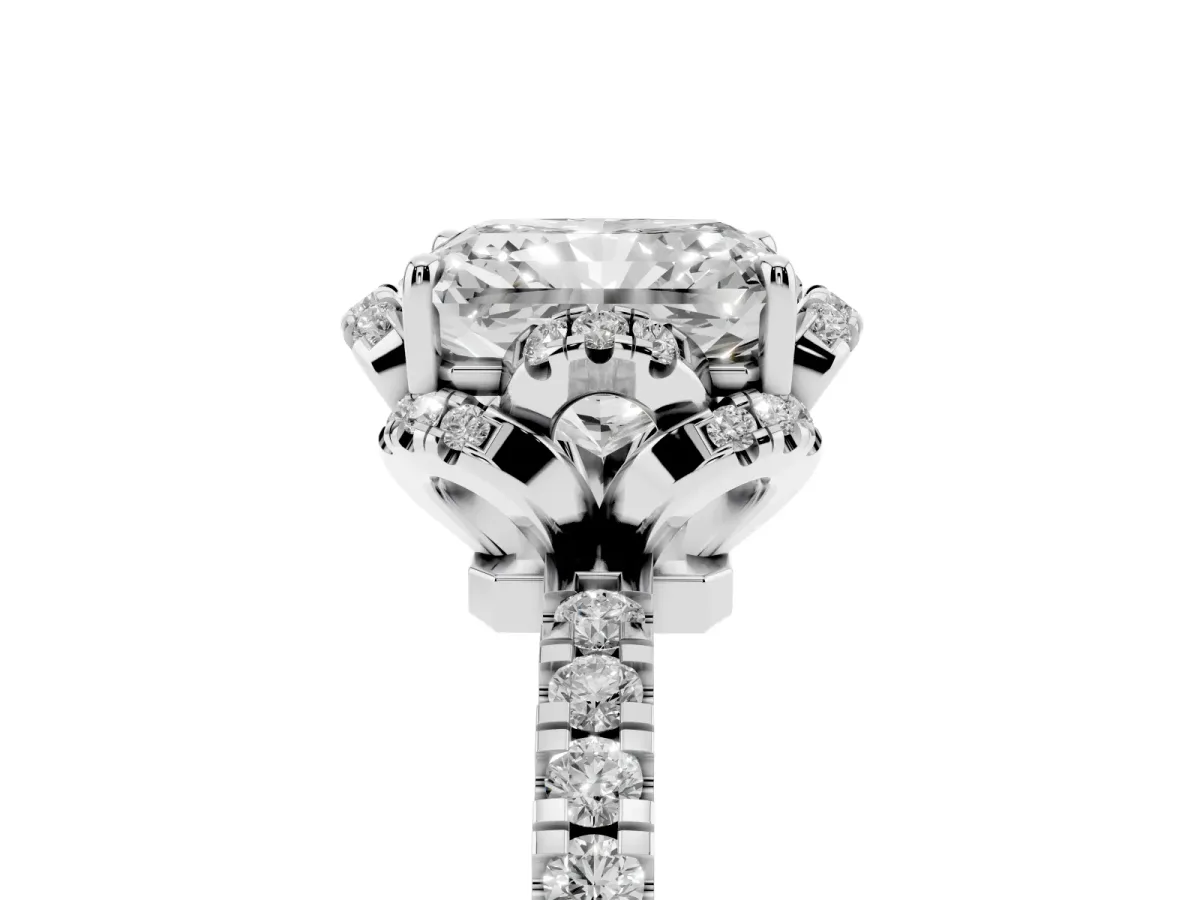 Radiant Cut Halo Diamond Pave Band Ring with Four-Prong Setting Silver