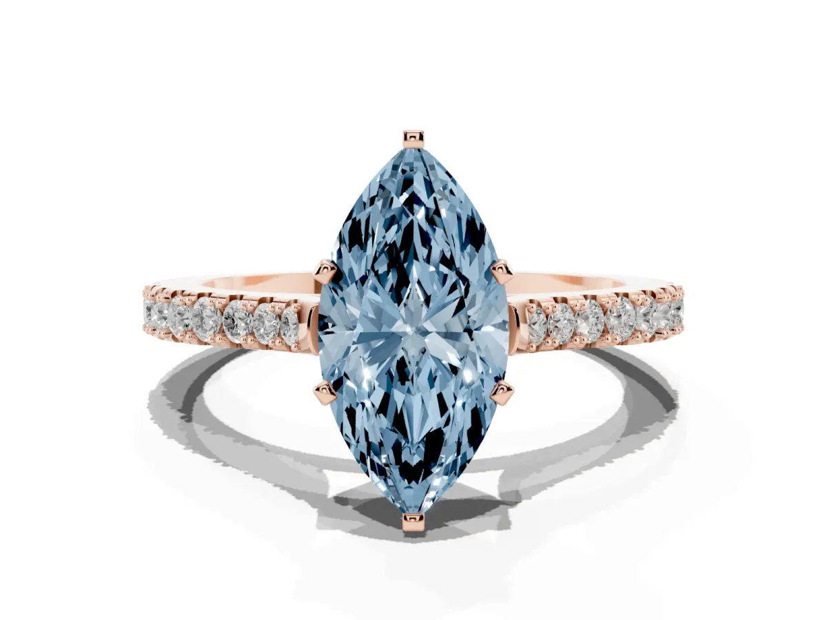 Fancy Blue Marquise Cut Cut Solitaire Diamond Engagement Ring with Pave Band and Four-Prong Setting Rose gold