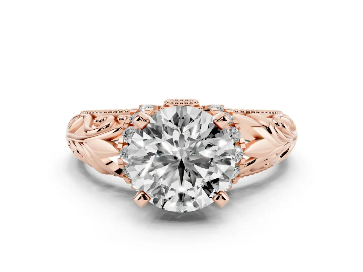 Round Cut Solitaire Filigree Engagement Ring with Halo and Prong Setting Rose gold
