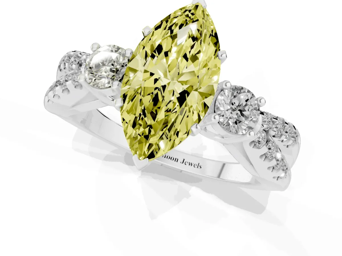 Fancy Yellow Marquise Cut Diamond Three-Stone Ring with Pavé Split Shank and Four-Prong Setting Platinum