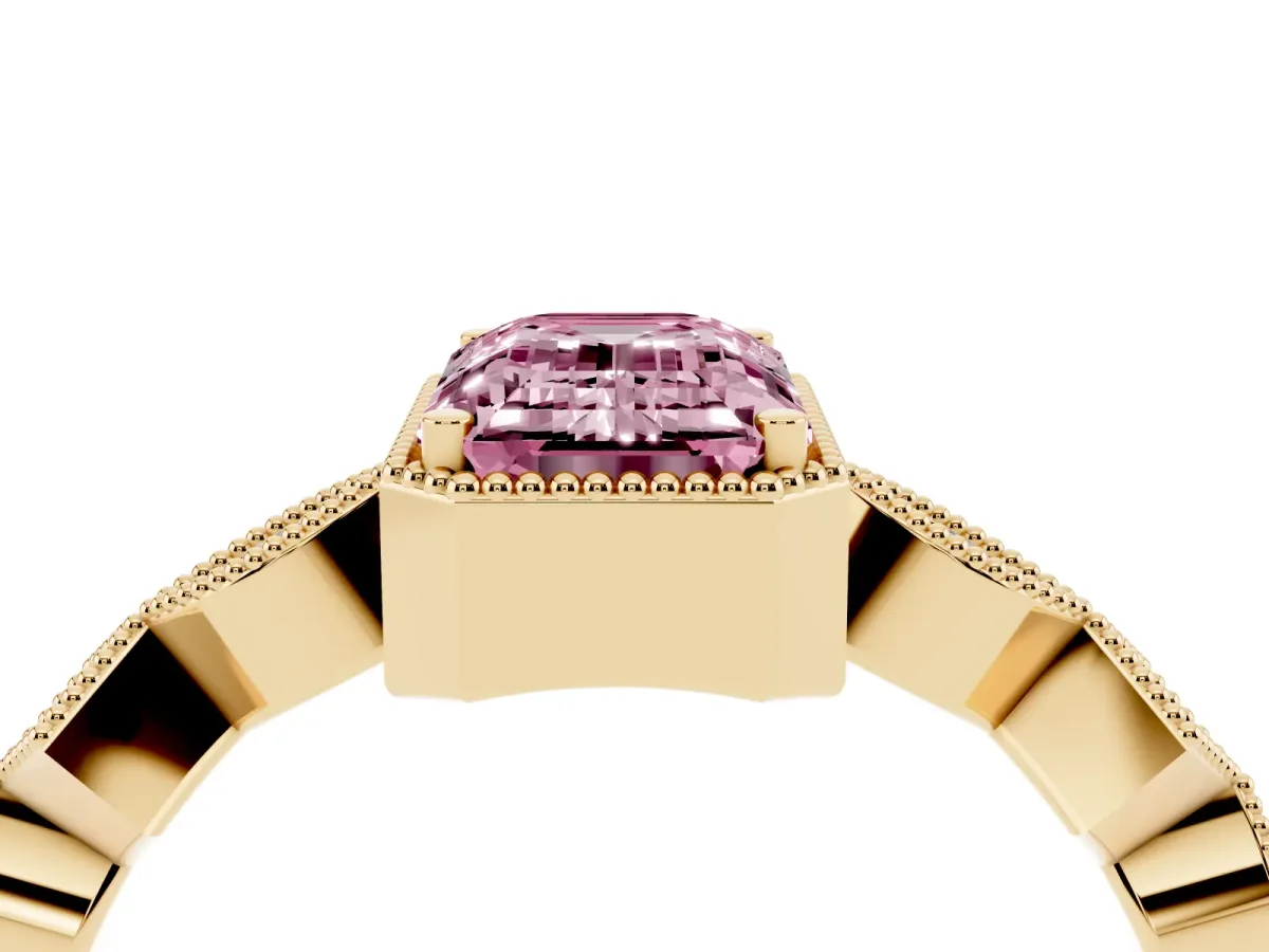 Fancy Pink Emerald Cut Milgrain Marquise Diamond Twist Band Ring Yellow gold