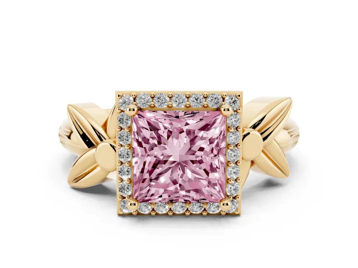 Fancy Pink Princess Cut Halo Diamond Floral Band with Four-Prong Setting Yellow gold