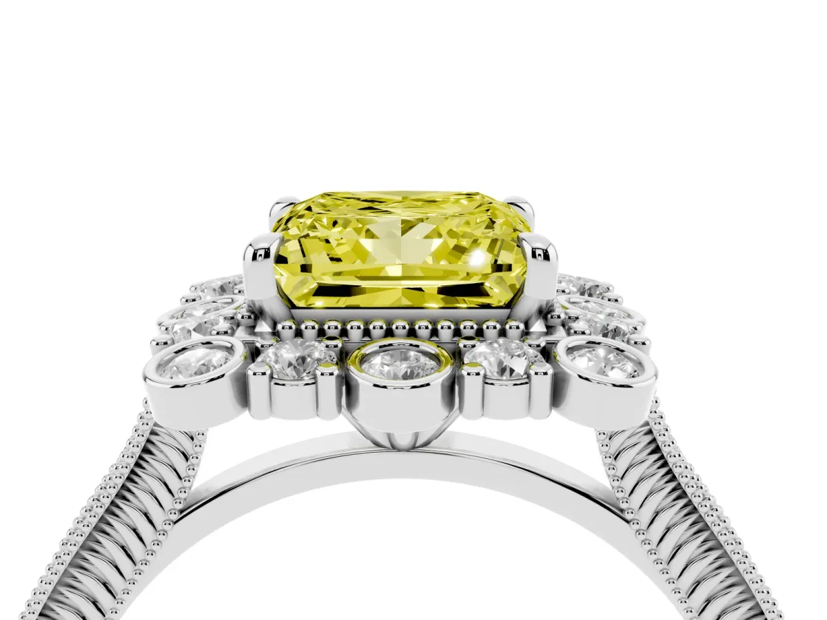 Fancy Yellow Princess Cut Halo Milgrain Pave Diamond Ring with Four-Prong Setting Platinum