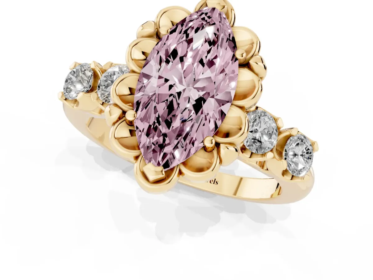 Fancy Pink Marquise Cut Cut Diamond Floral Halo Engagement Ring with Shared Prong Setting Yellow gold