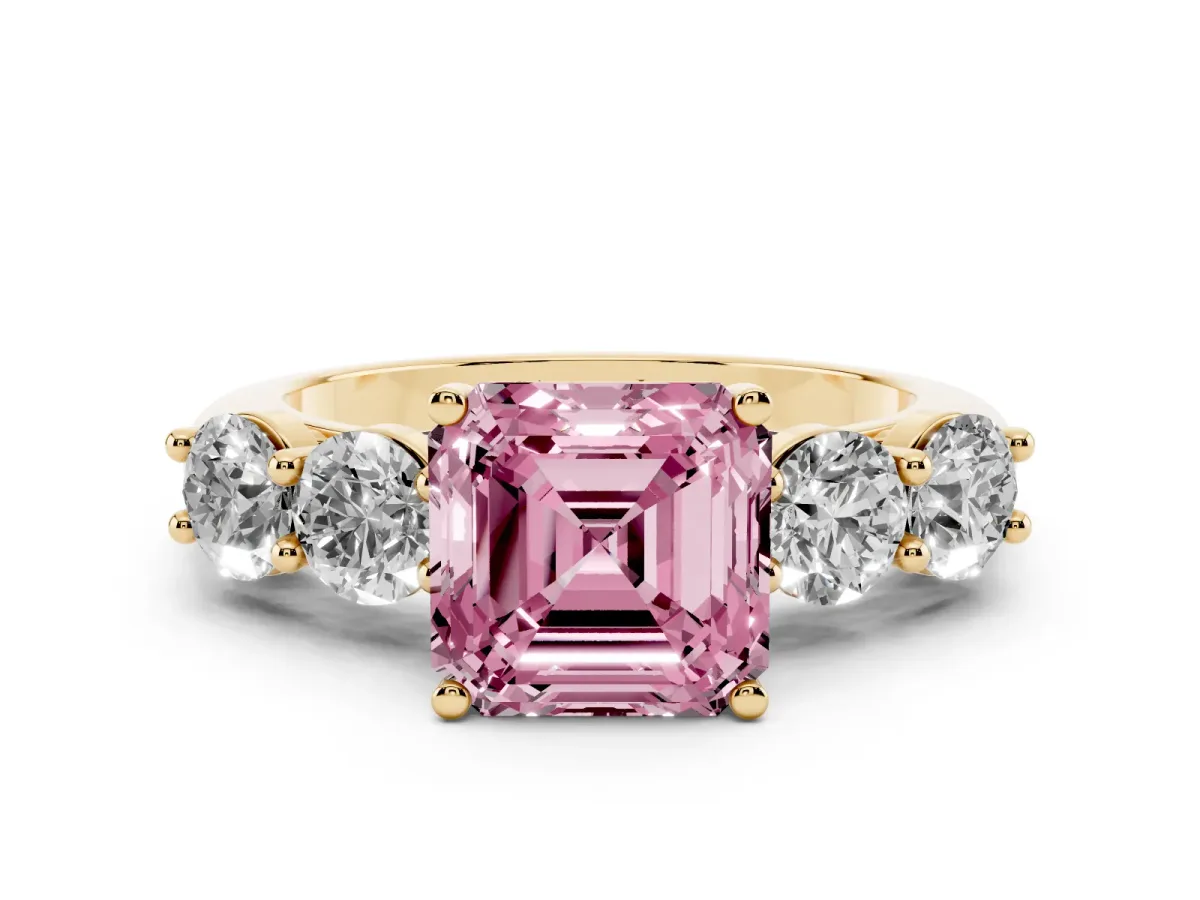Fancy Pink Asscher Cut Cut Five-Stone Prong Set Diamond Ring with Classic Band Yellow gold