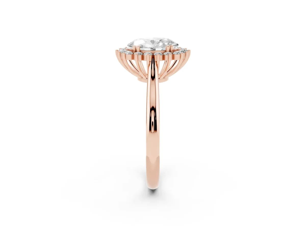 Oval Cut Cut Diamond Halo Ring with Solitaire Band and Prong Setting Rose gold