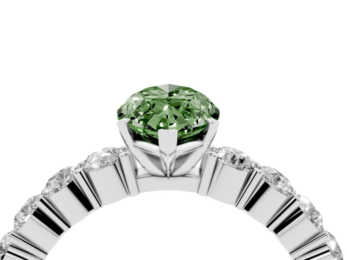 Fancy Green Marquise Cut Diamond Solitaire Ring with Shared Prong Round Side Stones Silver