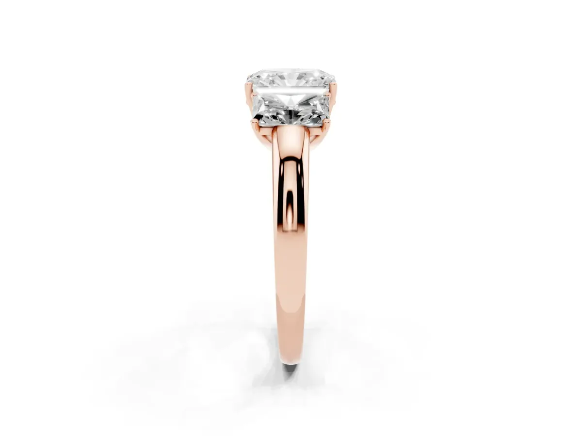 Radiant Cut Diamond Three-Stone Ring with Four-Prong Setting and Classic Band Rose gold
