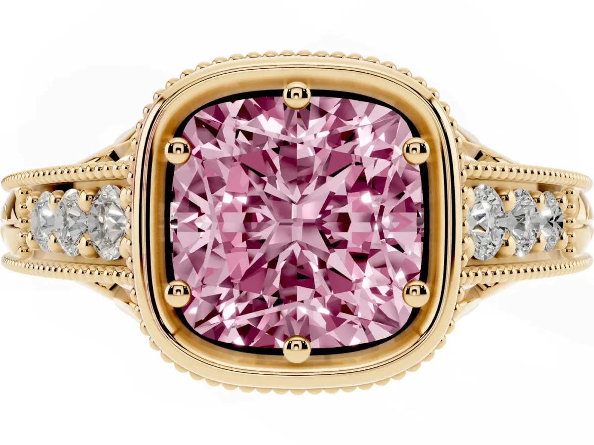 Fancy Pink Bezel Set Cushion Cut Diamond Milgrain Pave Engagement Ring Yellow gold